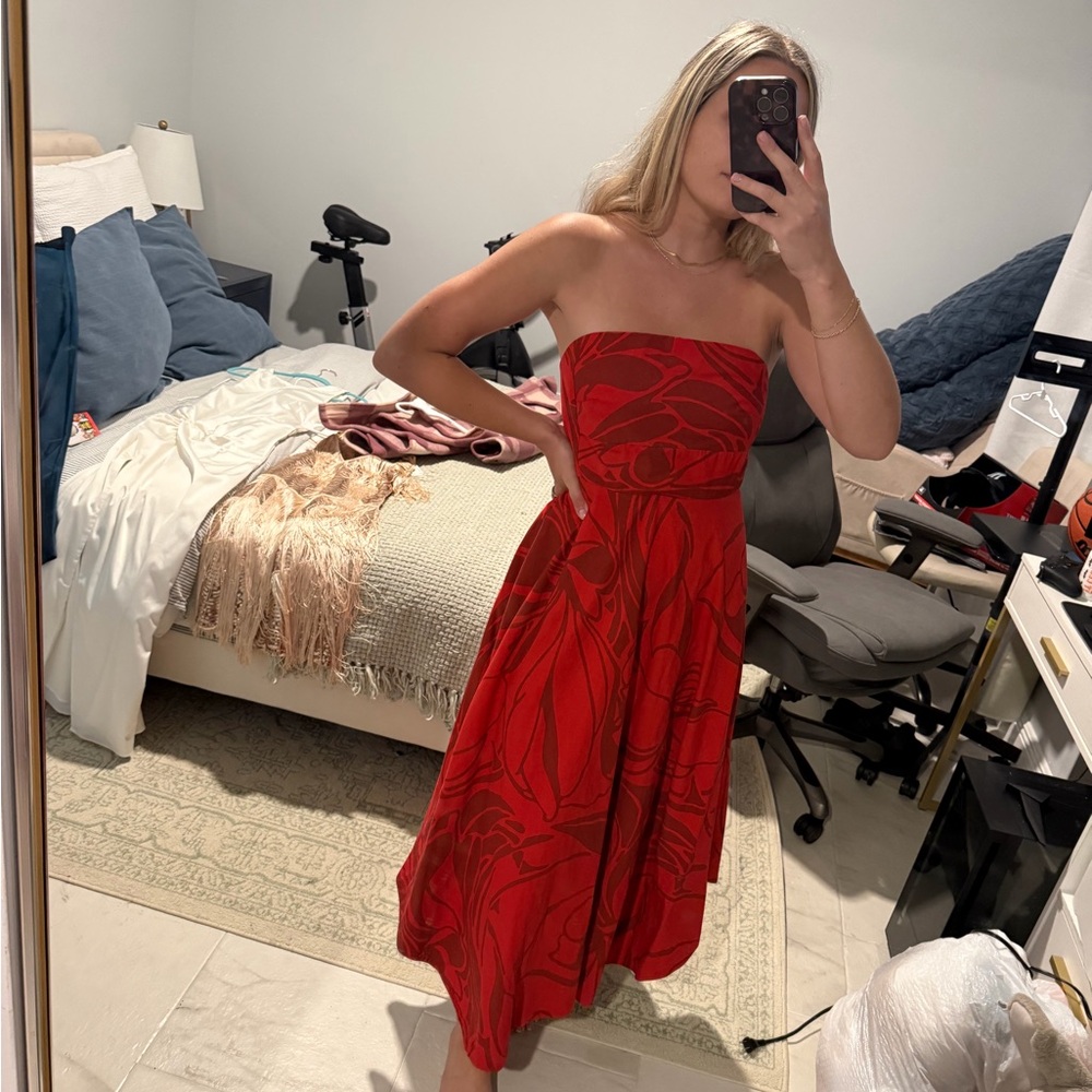 Banana Republic Strapless Red Floral Midi Dress